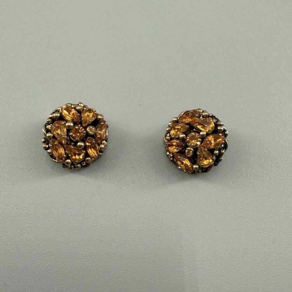 Vintage Barclay Amber Round Cluster Rhinestone Clip On Gold Tone Earrings Signed